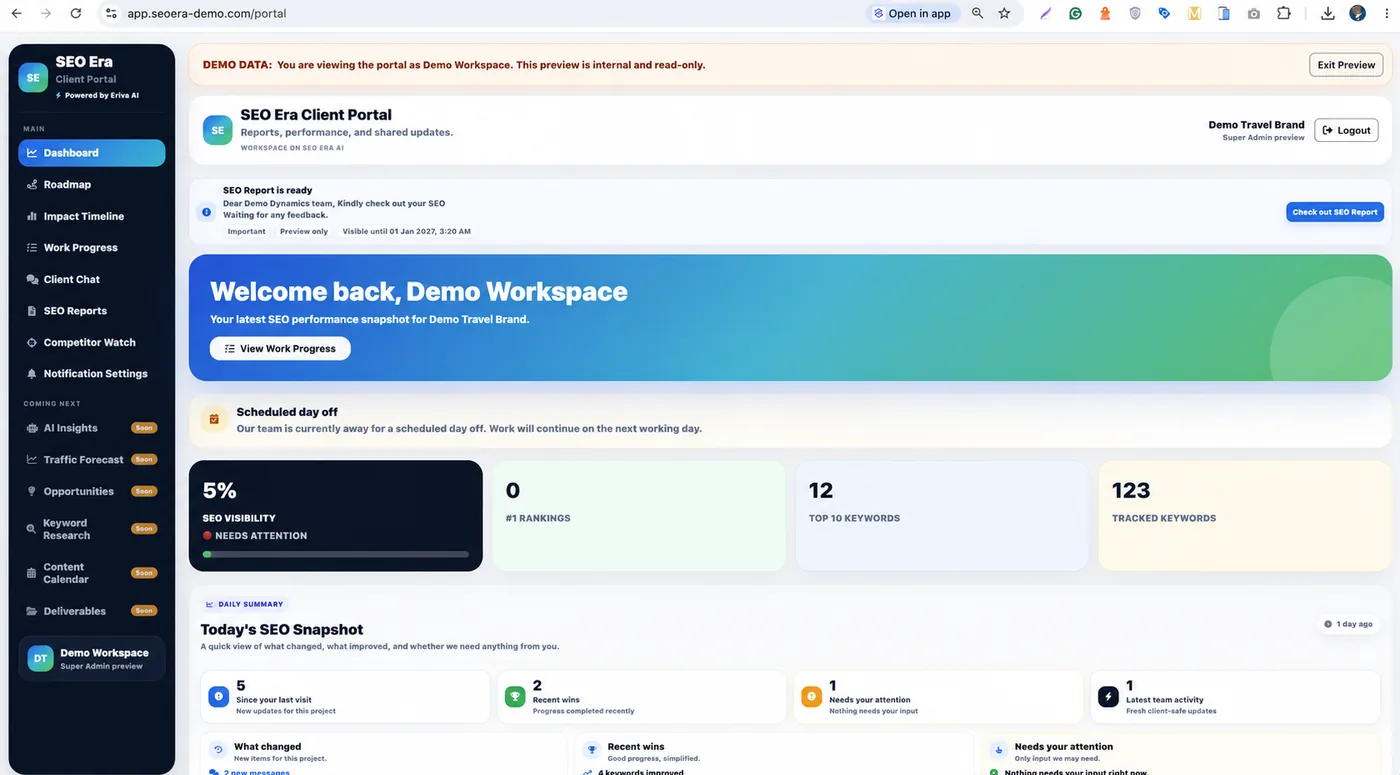 Public-safe demo of the real SEO Era Client Portal